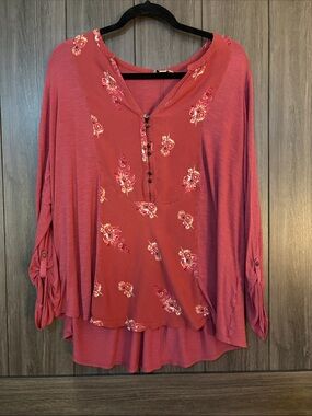 Lucky Brand Rose-Pink Floral Henley Long Sleeve Top